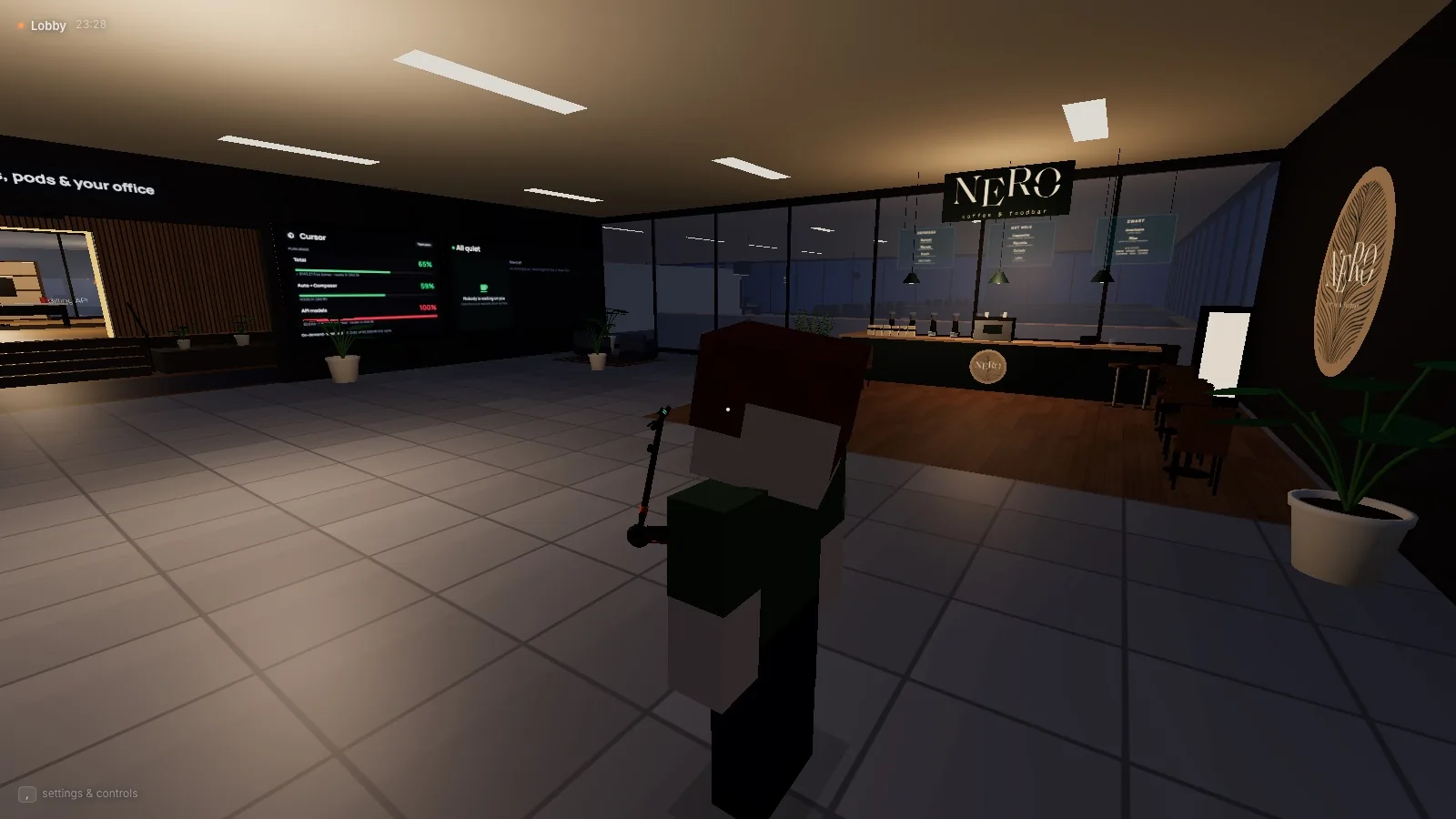 The lobby of Agent Office: the Nero café, the plan usage screens and the way onto the office floor