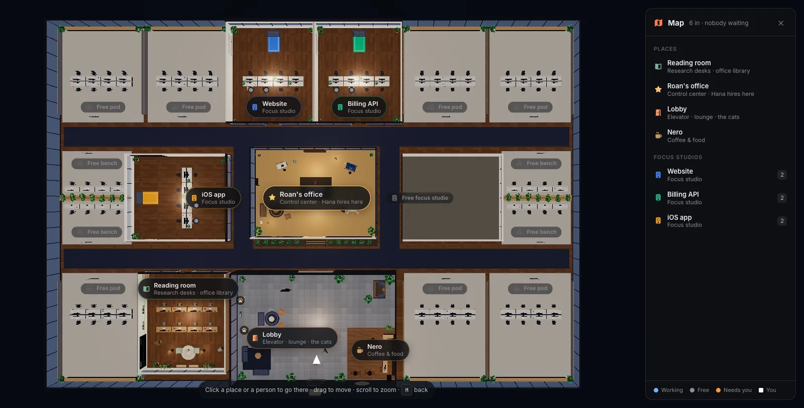 The map view of Agent Office: the whole office floor seen from above, with every project's place labelled