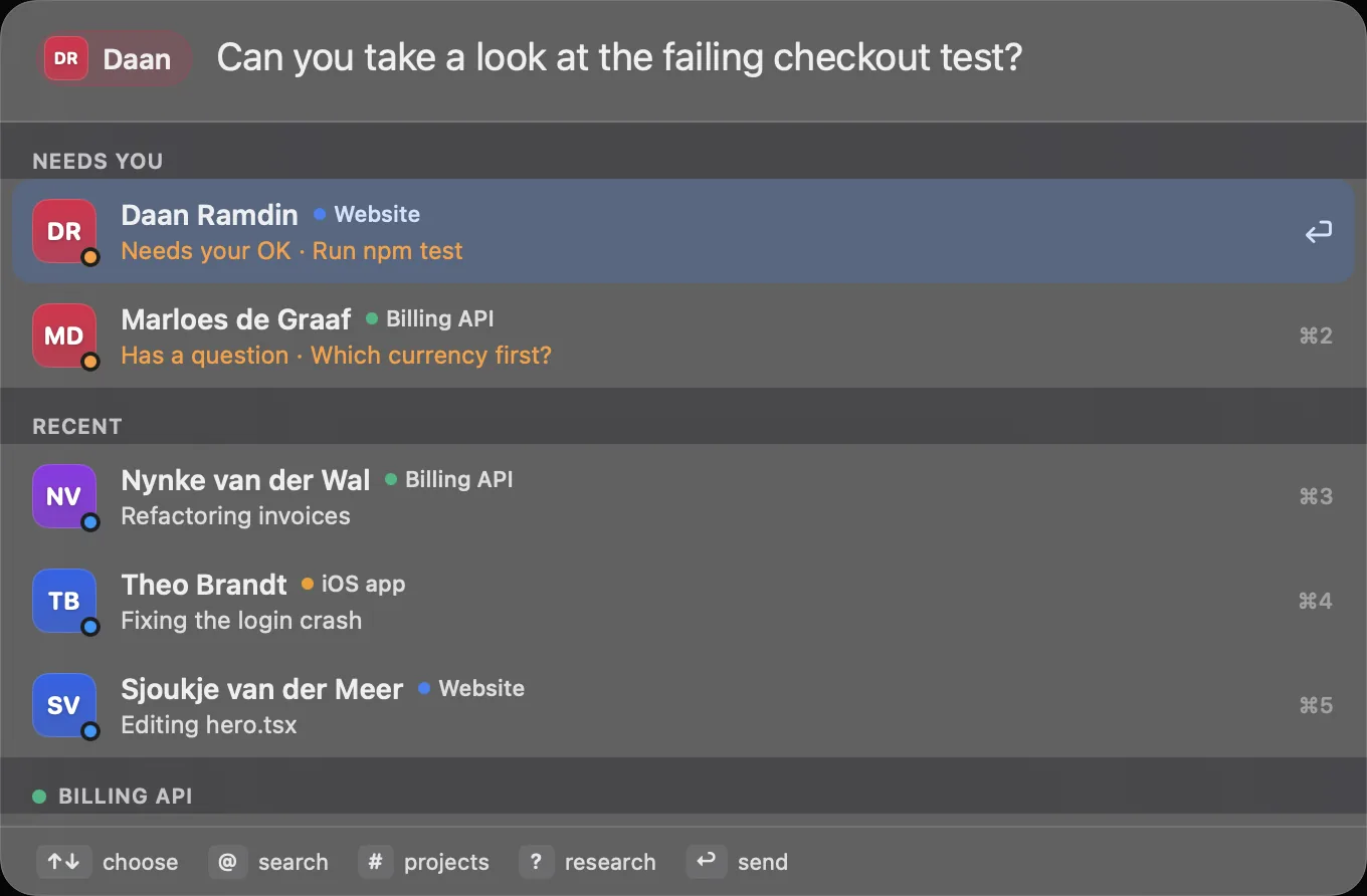 Agent Office's quick send bar, a Spotlight-style search for messaging an engineer from anywhere on the Mac