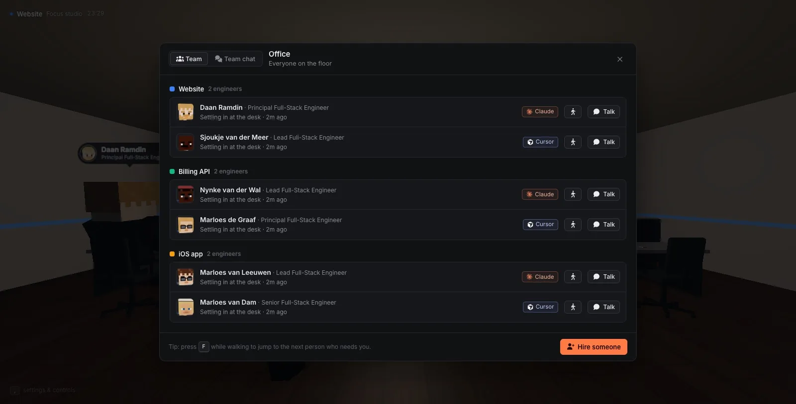 The team overview in Agent Office, listing every engineer grouped by project